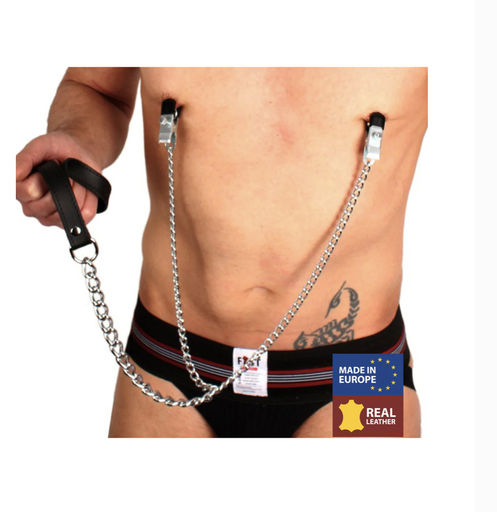 [RL-27278] RED LEATHER - BREAST CLAMPS AND LEASH